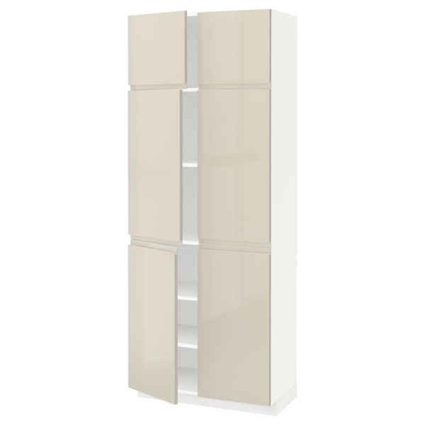 METOD High cabinet with shelves/4 doors, white/Voxtorp high-gloss light beige, 80x41x200 cm