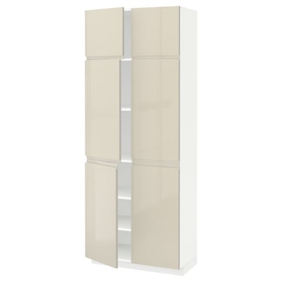 METOD High cabinet with shelves/4 doors, white/Voxtorp high-gloss light beige, 80x41x200 cm