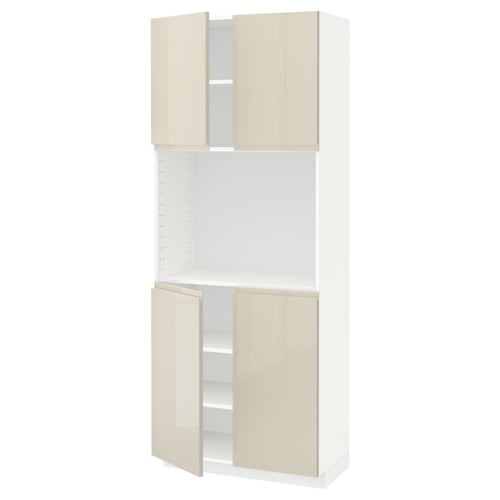 A white and beige kitchen cabinet. It has two open shelves and two closed doors with a modern high gloss finish.