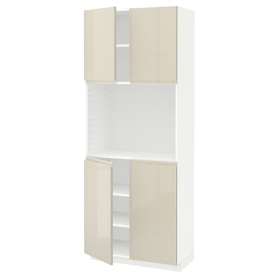 A white and beige kitchen cabinet. It has two open shelves and two closed doors with a modern high gloss finish.