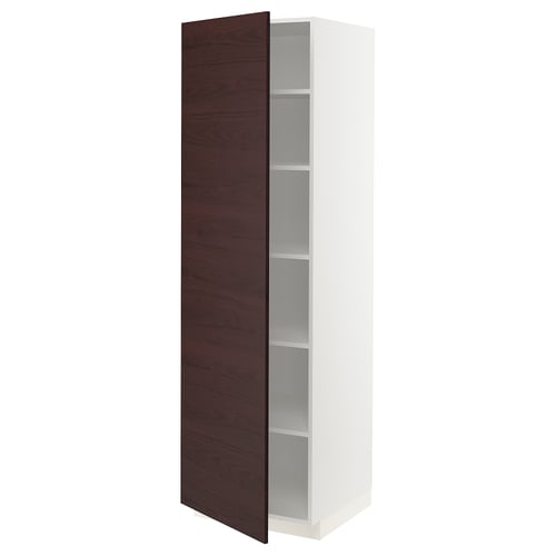White kitchen cabinet with dark brown door, three shelves. Sleek, modern design, sturdy wooden frame.