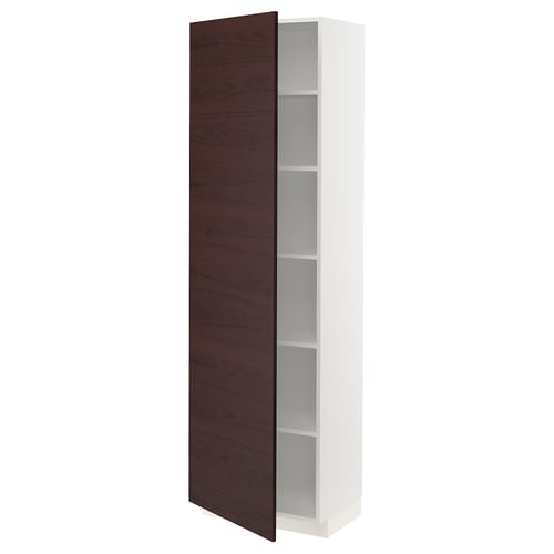 A white METOD kitchen cabinet with a dark brown wooden door open, revealing adjustable shelves.