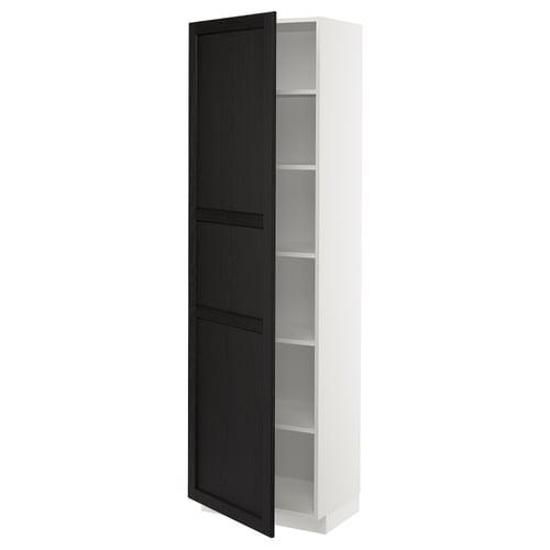 An open METOD kitchen cabinet with black stained lerhyttan doors, framed in white, displaying its adjustable shelves.