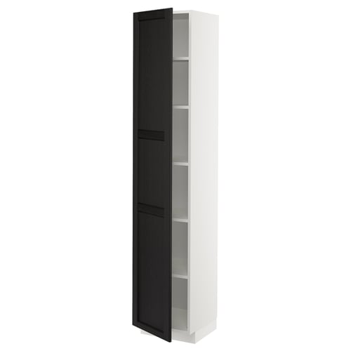 A tall white METOD cabinet with a black stained lerhyttan door. It has adjustable shelves, with the door opened to the left.