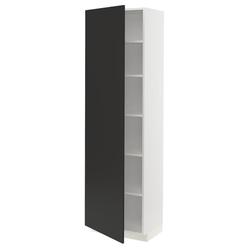 A white and black ikea METOD kitchen cabinet. It a tall, rectangular shape with an open door revealing adjustable shelves inside.