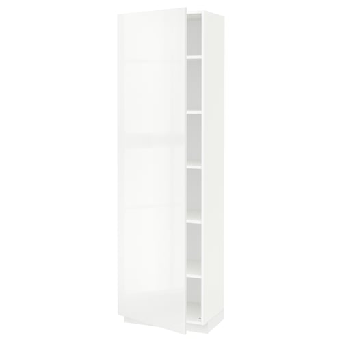 This image shows a white METOD kitchen cabinet with high gloss finish and adjustable shelves.