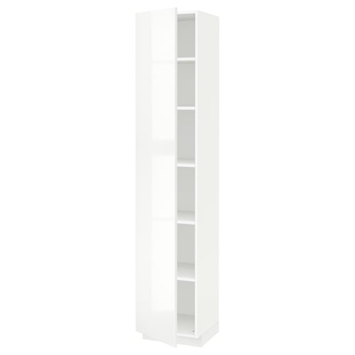 White high gloss kitchen cabinet with multiple shelves.