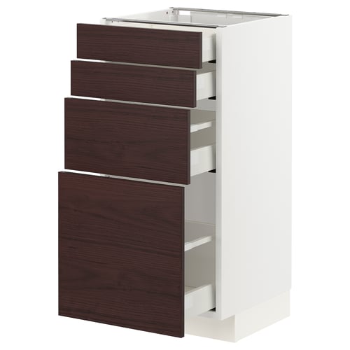 Modern kitchen cabinet, METOD, white & dark wood, four drawers, sleek design.