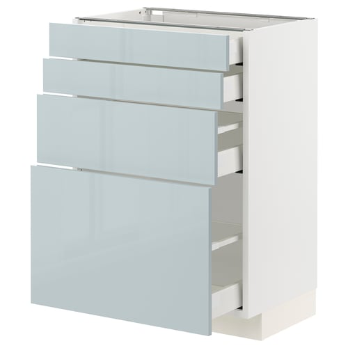 Modern kitchen unit with grey-blue drawers, sleek design, metal runners, four drawers.