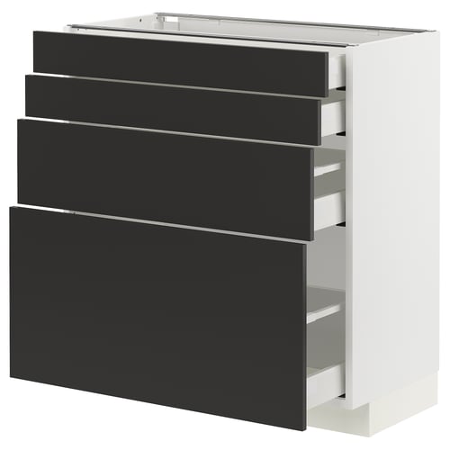 Black and white kitchen cabinet with four drawers, modern and sleek design.
