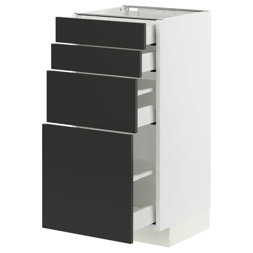 Modern kitchen unit: METOD. Black nickebo fronts, white frame. Full-extension drawers. Sleek, square design.