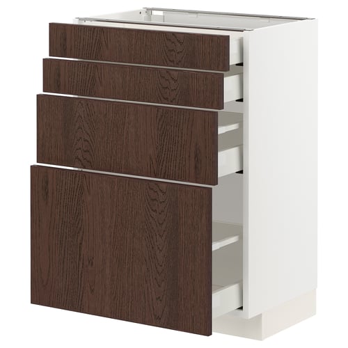 Ikea METOD kitchen unit, white with dark brown wood effect drawers, four drawers, rectangular, modern design.