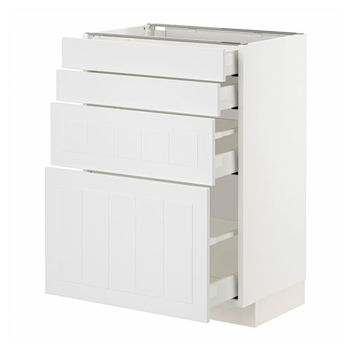 This image a white METOD kitchen cabinet with multiple storage drawers and a shelf. The smooth finish a modern design with functional drawers.