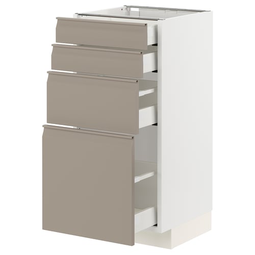 A modern METOD kitchen cabinet with four upplov drawers in matte gray-beige. It a sleek design with integrated handles and a smooth finish.