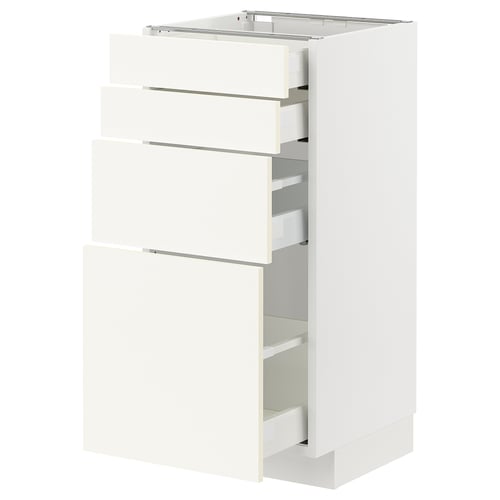A white METOD kitchen cabinet with multiple drawers. Its sleek, modern, and has a clean, minimalist design.