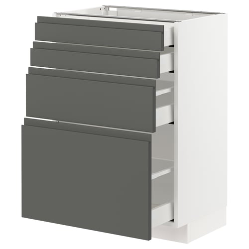 Modern grey cabinet, four drawers, white base, integrated handles.