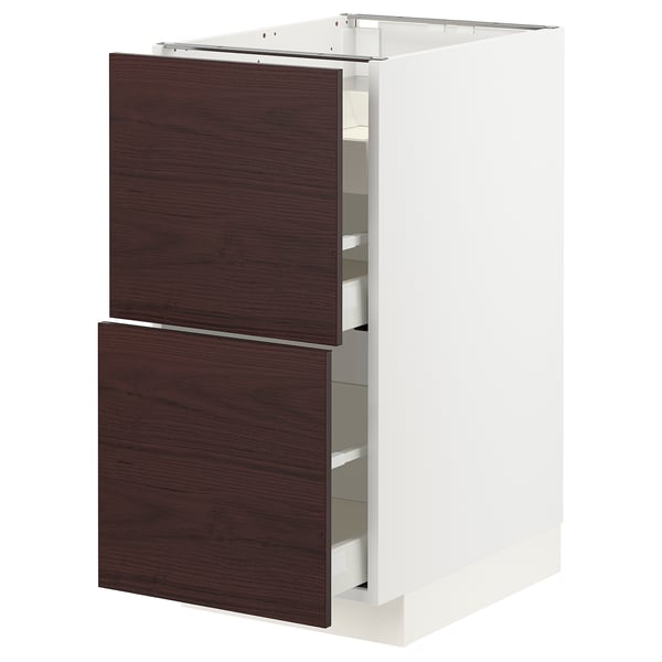 METOD / MAXIMERA Base cab f hob/2 fronts/3 drawers, white Askersund/dark brown ash effect, 40x60x80 cm