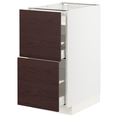 Ikea METOD kitchen unit, white & dark brown, two drawers, square shape.