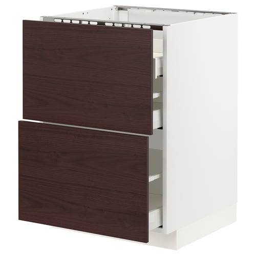 METOD kitchen unit with dark brown ash wood drawers, sturdy white frame, full-extension runners.