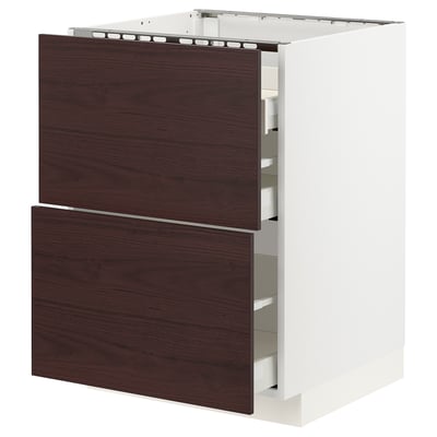 METOD / MAXIMERA Base cab f hob/2 fronts/3 drawers, white Askersund/dark brown ash effect, 60x60x80 cm
