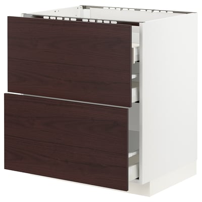 METOD / MAXIMERA Base cab f hob/2 fronts/3 drawers, white Askersund/dark brown ash effect, 75x60x80 cm