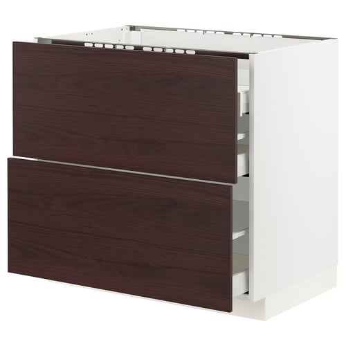 A dark brown wooden kitchen cabinet with two drawers.
