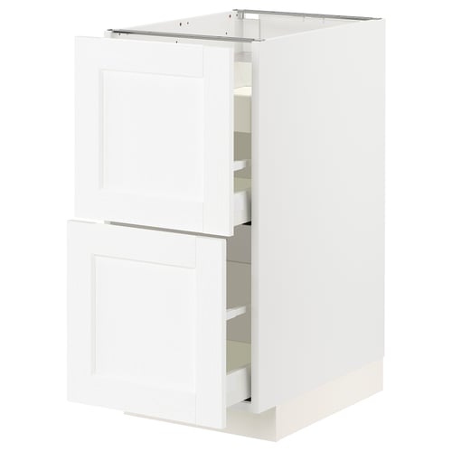 White METOD kitchen cabinet, shaker style doors, wood grain, square shape, 2 drawers, 1 shelf.