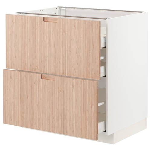 Modern light wood kitchen cabinet with two drawers and two doors.