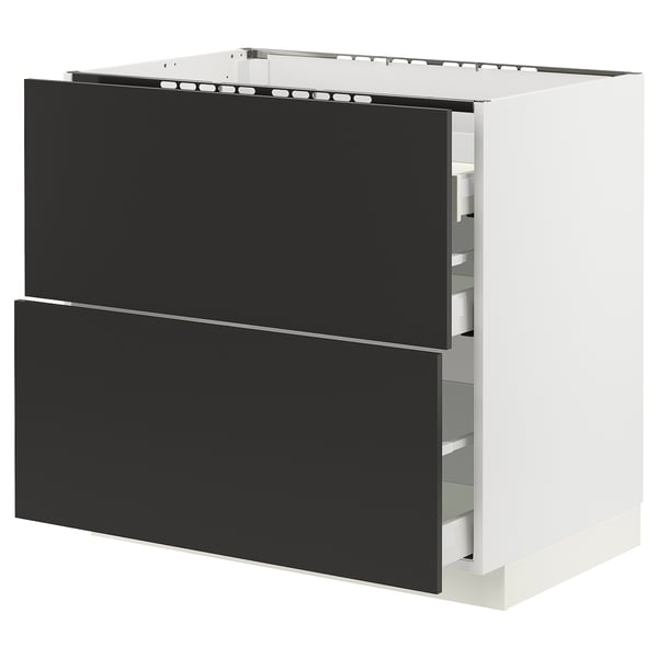 METOD / MAXIMERA Base cab f hob/2 fronts/3 drawers, white/Nickebo matt anthracite, 90x60x80 cm