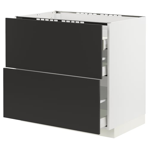 Modern black kitchen cabinet, two drawers, white frame, sleek design.