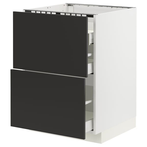 METOD / MAXIMERA Base cab f hob/2 fronts/3 drawers, white/Nickebo matt anthracite, 60x60x80 cm