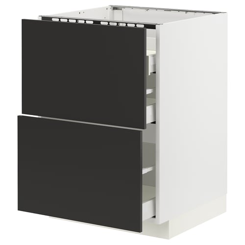 Modern kitchen cabinet with black drawers, white frame, sleek design.