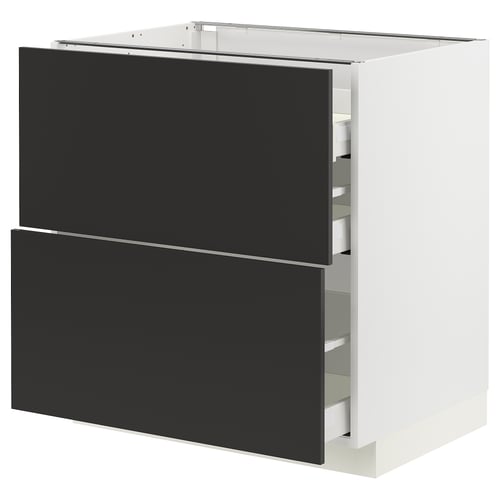 Modern kitchen cabinet, METOD, black and white, rectangular, with sleek drawers.