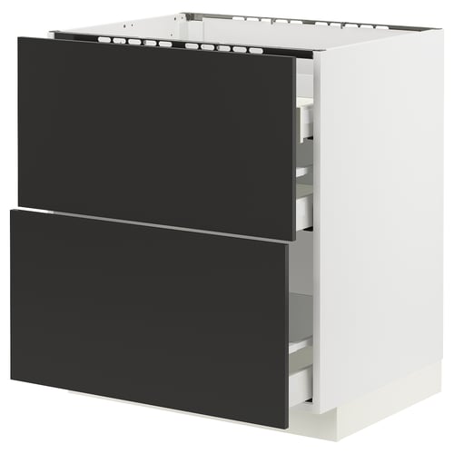 Black and white kitchen cabinet, modern design, two large drawers with metal runners and wooden interiors.
