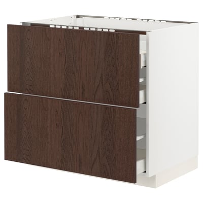 METOD / MAXIMERA Base cab f hob/2 fronts/3 drawers, white/Sinarp brown, 90x60x80 cm