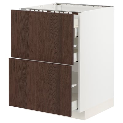 METOD / MAXIMERA Base cab f hob/2 fronts/3 drawers, white/Sinarp brown, 60x60x80 cm