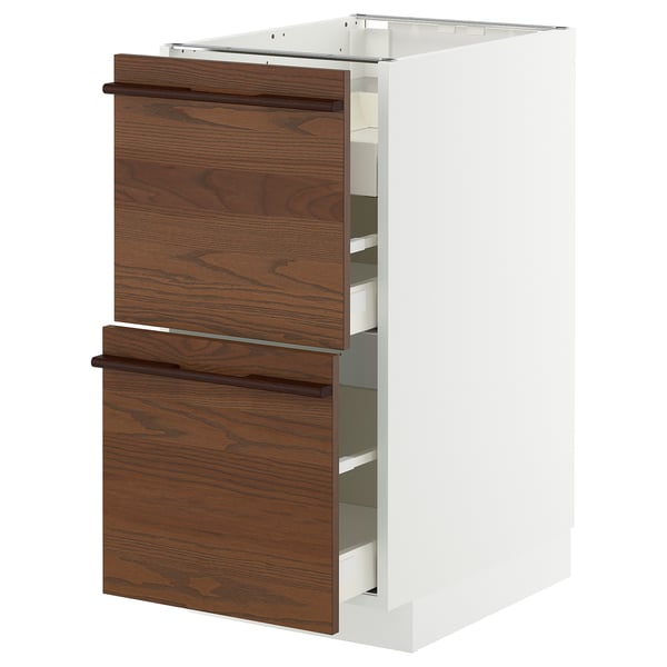METOD / MAXIMERA Base cab f hob/2 fronts/3 drawers, white/Stensta dark brown ash veneer, 40x60x80 cm