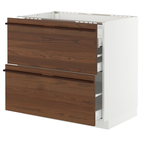 METOD / MAXIMERA Base cab f hob/2 fronts/3 drawers, white/Stensta dark brown ash veneer, 90x60x80 cm