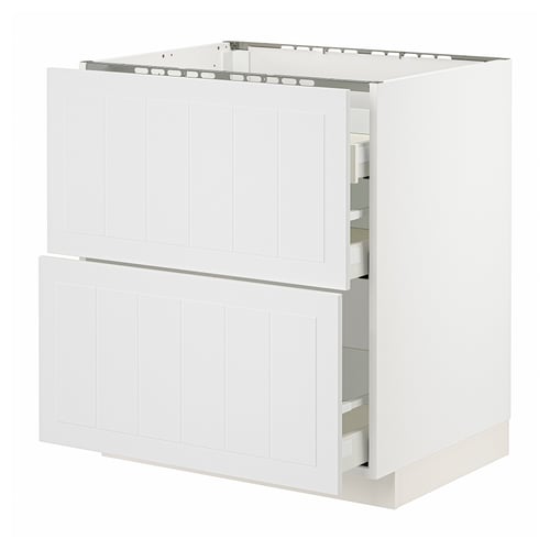 White METOD kitchen cabinet with stensund fronts, featuring two pull-out drawers and a door, crafted look.