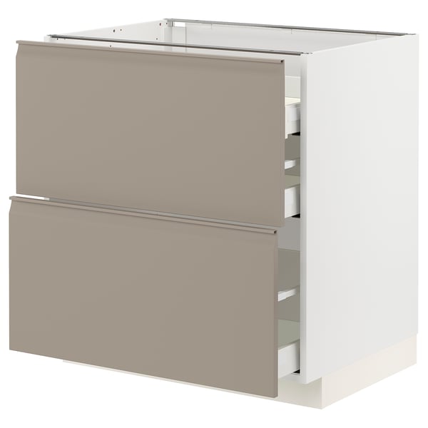METOD / MAXIMERA Base cab f hob/2 fronts/3 drawers, white/Upplöv matt dark beige, 80x60x80 cm