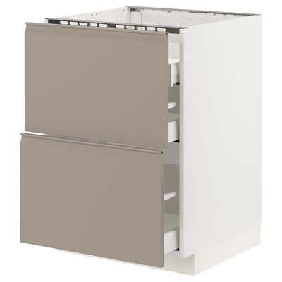METOD / MAXIMERA Base cab f hob/2 fronts/3 drawers, white/Upplöv matt dark beige, 60x60x80 cm