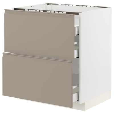 METOD / MAXIMERA Base cab f hob/2 fronts/3 drawers, white/Upplöv matt dark beige, 75x60x80 cm