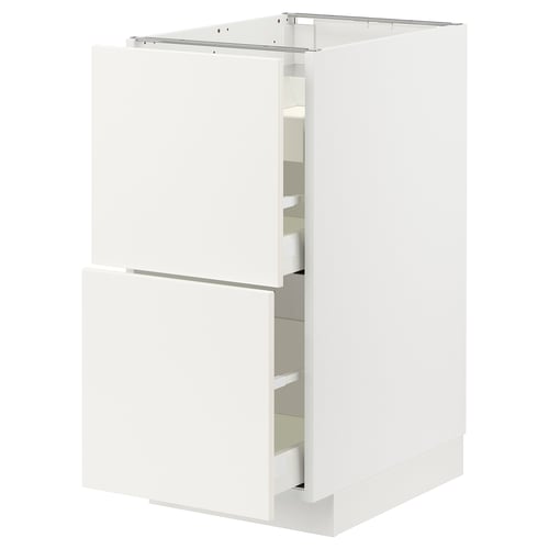 METOD kitchen cabinet in white, minimalist design, featuring two drawers with smooth, soft-closing mechanisms, and a basic rectangular shape.