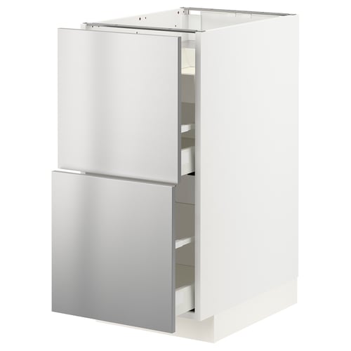 Modern white kitchen cabinet with stainless steel doors and drawers, sleek design.
