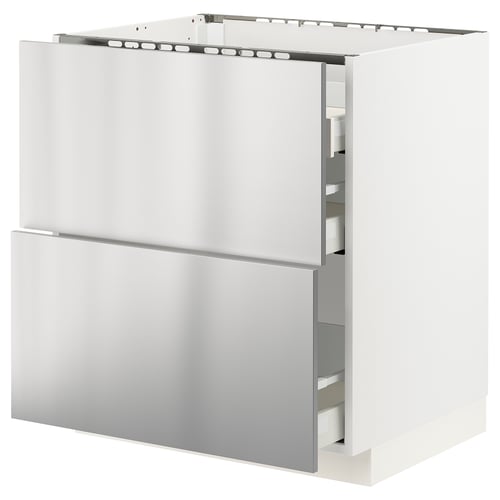 Modern white kitchen cabinet with stainless steel drawer fronts. Tall, flat, and sleek with two drawer sections.