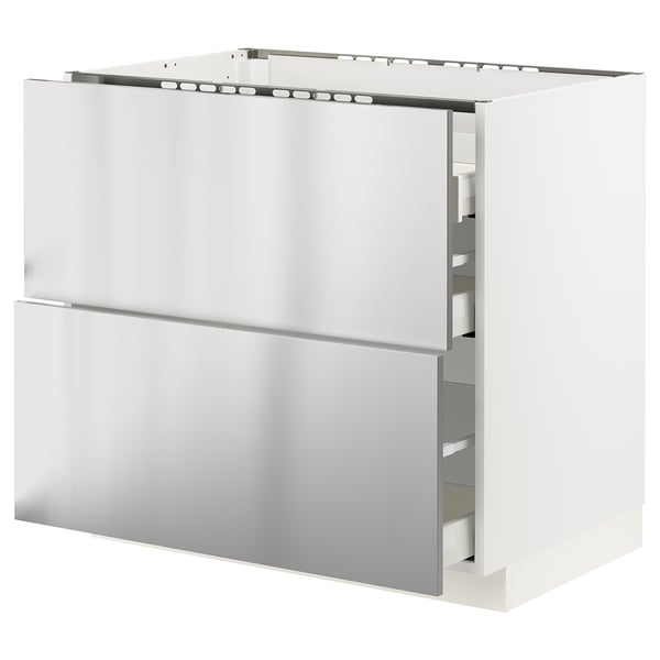 METOD / MAXIMERA Base cab f hob/2 fronts/3 drawers, white/Vårsta stainless steel, 90x60x80 cm