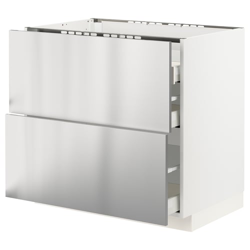 A white METOD kitchen cabinet with stainless steel drawers. It has a sleek, modern design with smooth-running drawers.