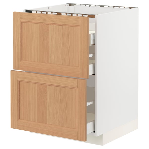 METOD / MAXIMERA Base cab f hob/2 fronts/3 drawers, white/Vedhamn oak, 60x60x80 cm