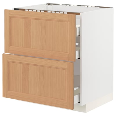 METOD / MAXIMERA Base cab f hob/2 fronts/3 drawers, white/Vedhamn oak, 75x60x80 cm