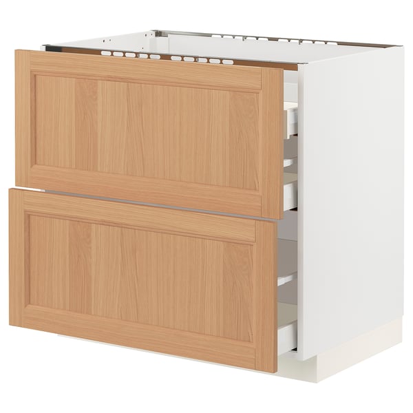 METOD / MAXIMERA Base cab f hob/2 fronts/3 drawers, white/Vedhamn oak, 90x60x80 cm